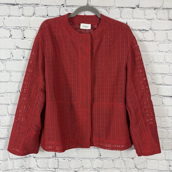 AKRIS Punto Mesh Grid Jacket Luminous Red Semi Sheer Adjustable Sleeve - Picture 5 of 16